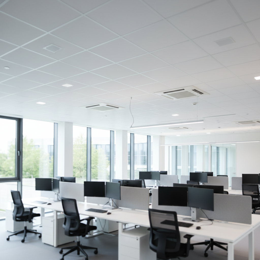 A bright, spacious open-plan office space in Ehingen with a suspended ceiling system showing multiple discreet cassette air conditioning units integrated between clean white tiles. Beneath them, rows of modern workstations and glass partitions create a professional commercial setting, kept deliberately unfocused. Cool, even artificial lighting combines with soft natural light from large side windows, suggesting a perfectly tempered working climate. Photographic realism, wide-angle lens, rule-of-thirds composition with the ceiling and klimaanlagen units emphasized. The atmosphere is efficient, orderly and productive, highlighting professional climate control solutions for business customers in BW without any visible people.