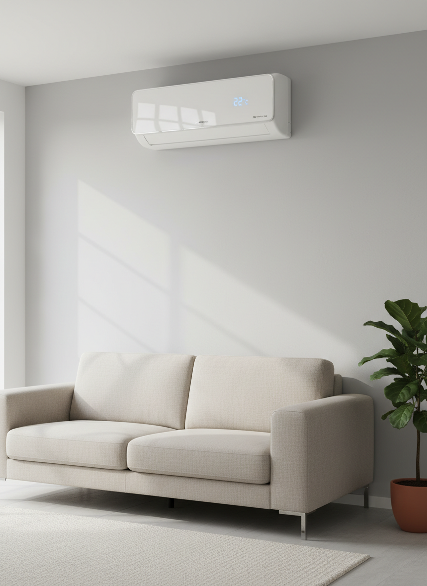 A sleek, modern wall-mounted split klimaanlage unit in matte white, installed high on a smooth light-grey living room wall in a contemporary apartment near Ulm. Below, a minimalist sofa and a small indoor plant suggest a comfortable home environment without drawing attention away from the unit. Soft daylight enters from an unseen window on the left, creating gentle reflections on the plastic surface and subtle shadows beneath the unit. Photographic realism, shot at eye level with a slight angle, sharp focus on the klimaanlage, background softly blurred. The mood is clean, professional and trustworthy, conveying reliable residential cooling technology for Baden-Württemberg homes.