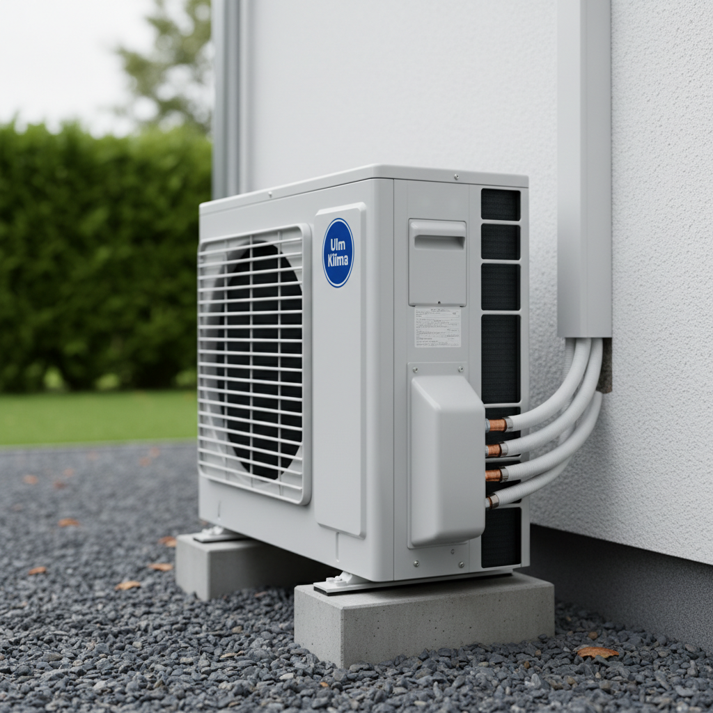 A detailed close-up of an outdoor klima compressor unit from a modern split system, installed neatly on a small concrete base beside the white exterior wall of a detached house in the Ulm region. The metal housing is clean, light grey with visible ventilation grilles and neatly routed insulated copper pipes and condensate hose disappearing into the wall. Soft, slightly overcast natural light from above creates even illumination and mild shadows beneath the unit. Photographic realism, low-angle perspective that makes the unit appear solid and reliable, with a garden hedge and gravel bed softly blurred in the background. The mood is professional and trustworthy, ideal for explaining installation quality and durability.