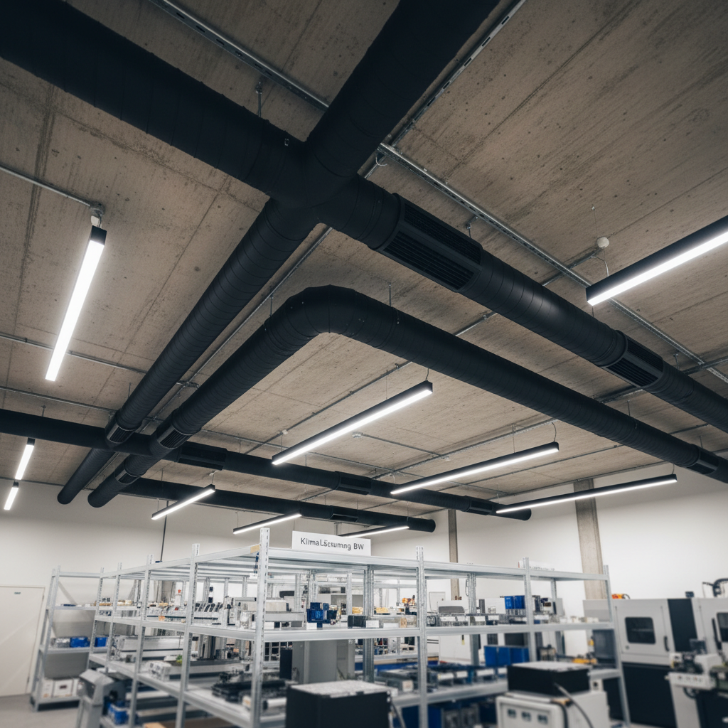 An industrial-style commercial space in Baden-Württemberg, with exposed concrete ceiling and visible black ventilation ducts, featuring several modern ducted klima outlets blending into the architecture. The foreground shows clean shelving and machines slightly out of focus, while the emphasis lies on the carefully routed ducts and discreet diffusers. Neutral, cool-toned artificial lighting from linear LED fixtures creates gentle specular highlights on the metal surfaces, suggesting technical precision. Photographic realism, slightly low-angle view to accentuate the ceiling and airflow system, with a deep depth of field on the ductwork. The mood is robust, efficient and technical, illustrating klimaanlagen solutions for light industrial or larger Gewerberäume.