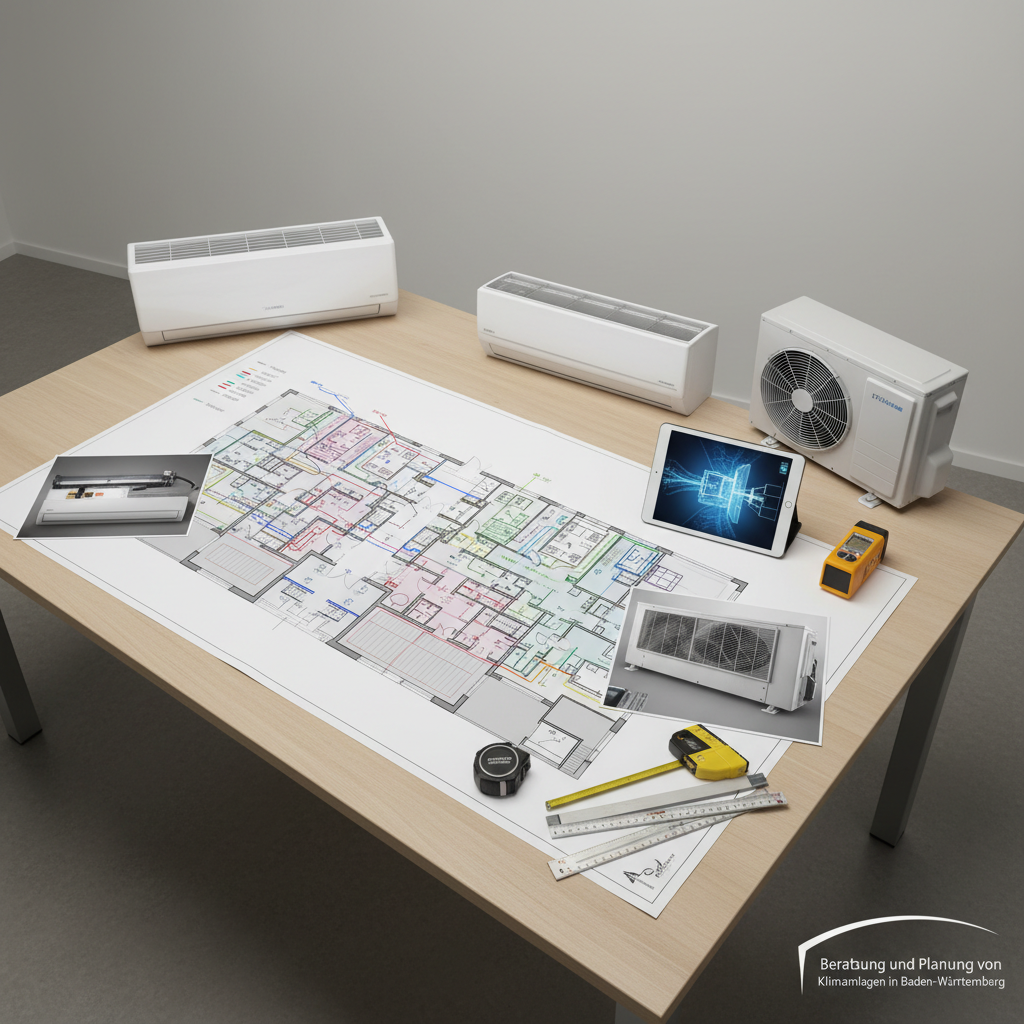 A tidy technical room corner showing an expert-level klimaanlagen planning scene without people: a large, detailed floor plan of a residential and small commercial building spread across a light wood desk, with multiple coloured lines indicating klima zones. Beside it, realistic 3D render printouts of indoor and outdoor units, a tablet showing a schematic of airflow, and precise measuring tools neatly arranged. Neutral studio-style lighting from above creates soft, shadowed depth and highlights the drawings and devices. Photographic realism with an overhead, slightly angled camera view, sharp focus across the entire image. The mood is calm, methodical and highly professional, ideal to represent Beratung und Planung von Klimaanlagen in Baden-Württemberg.