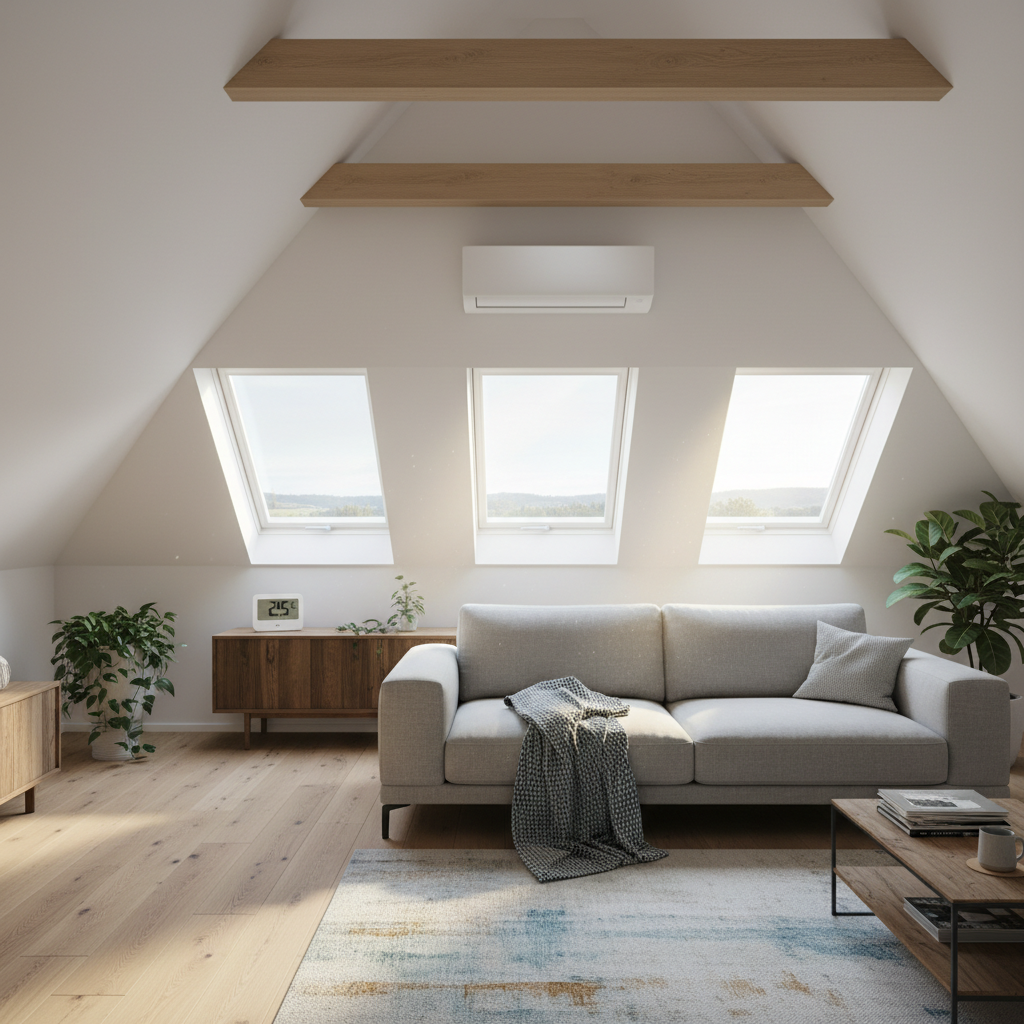 A comfortable, modern attic living room in a house near Ulm with sloping white ceilings and large roof windows, featuring a compact wall-mounted klimaanlage positioned optimally under a beam. Sunlight filters through the windows, but the room still feels pleasantly cool, suggested by a light throw blanket resting on a sofa and a small digital room thermometer on a sideboard. Warm afternoon light creates a balanced contrast between the bright windows and the softly lit interior. Photographic realism, wide-angle composition with the klimaanlage placed on the upper third, sharp focus throughout. The mood is relaxed, homely and inviting, emphasizing efficient cooling solutions for challenging roof spaces.